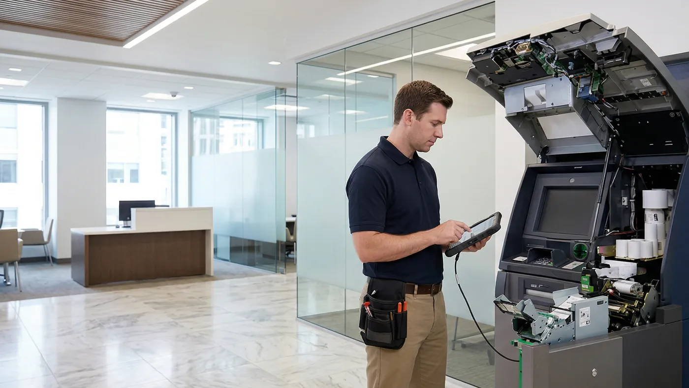 Tecnico ISD Italy interviene on-site su uno sportello ATM con tablet in mano