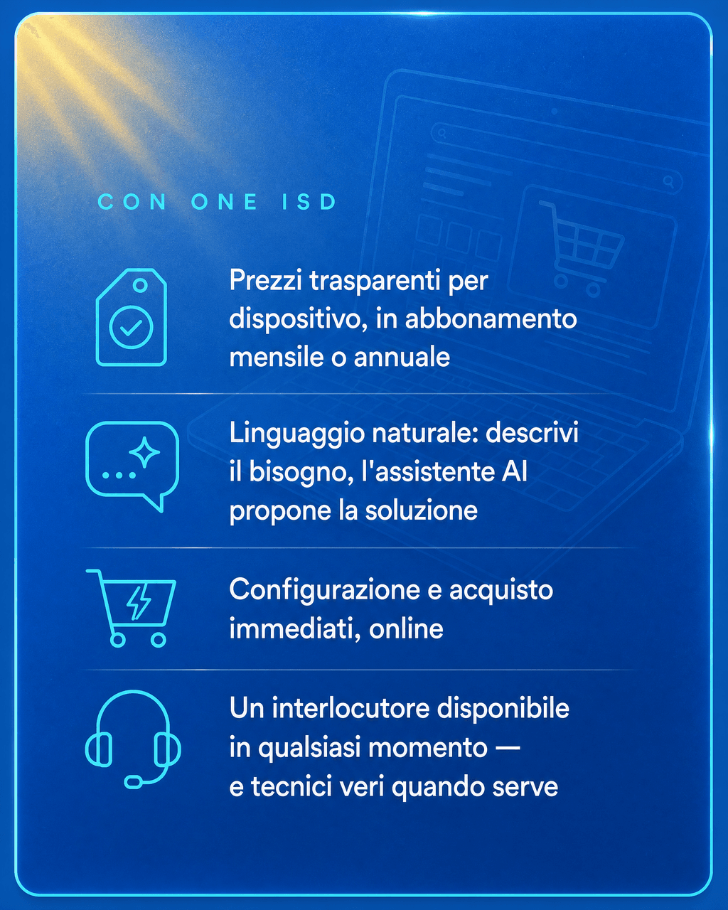 Con One ISD: prezzi trasparenti in abbonamento, linguaggio naturale con assistente AI, acquisto immediato online e supporto sempre disponibile.