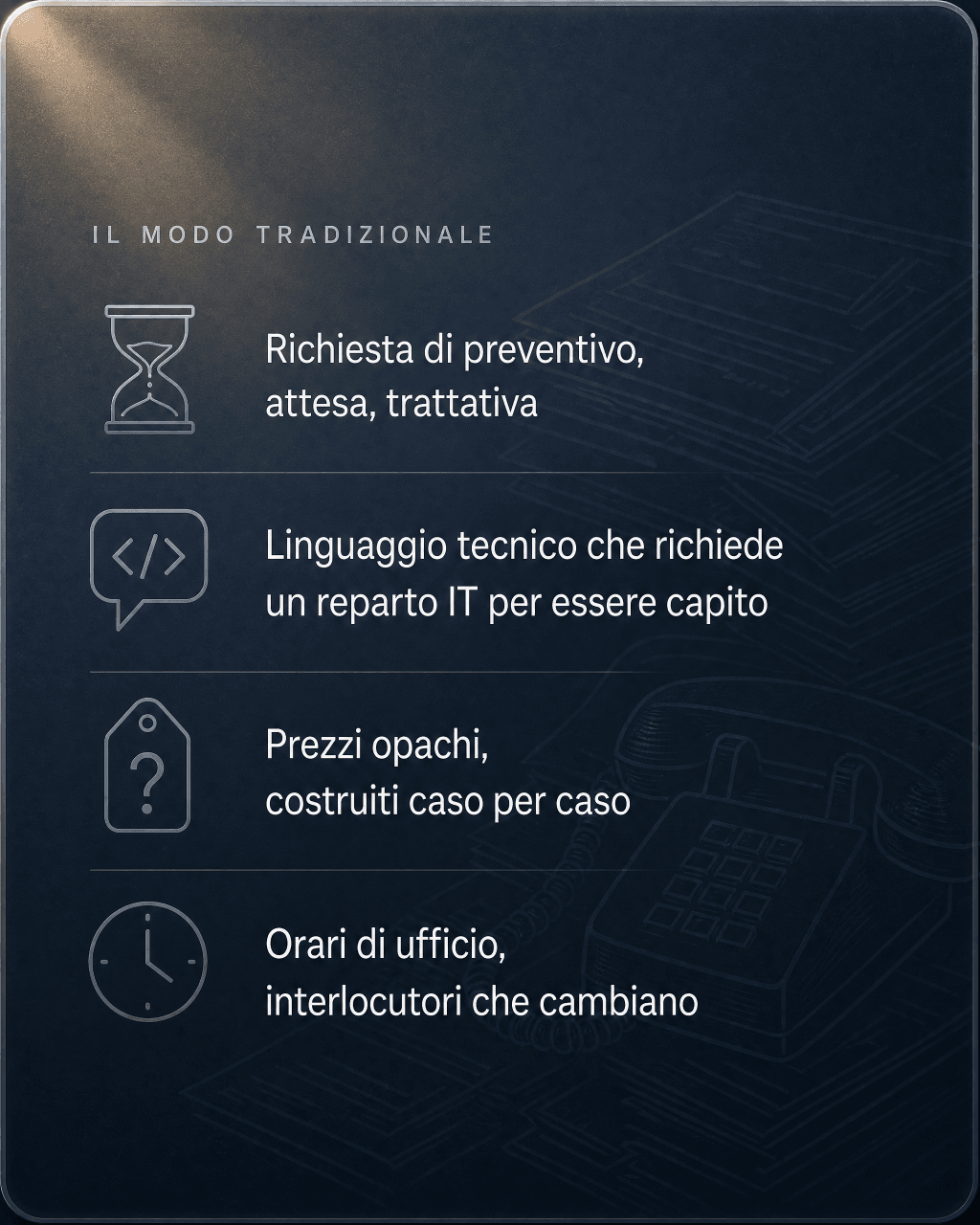 Il modo tradizionale di acquistare IT: preventivi e trattative, linguaggio tecnico, prezzi opachi e interlocutori che cambiano.
