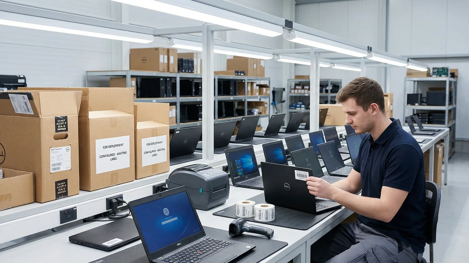 Tecnico ISD Italy configura dispositivi in staging pronti per il rollout, con scatole etichettate sullo sfondo